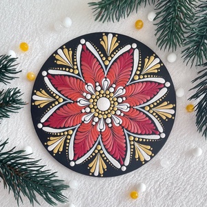 Mikulásvirág mandala hűtőmágnes (13,5 cm)  bordó, arany - Meska.hu