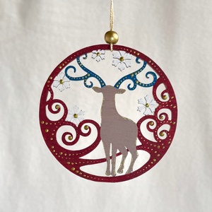 Téli szarvas bordó és arany kézzel festett karácsonyfadísz, Karácsony, Karácsonyi lakásdekoráció, Karácsonyfadíszek, Festett tárgyak, MESKA