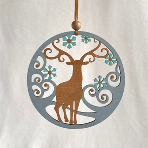 Téli szarvas jégkék és arany kézzel festett karácsonyfadísz, Karácsony, Karácsonyi lakásdekoráció, Karácsonyfadíszek, Festett tárgyak, MESKA