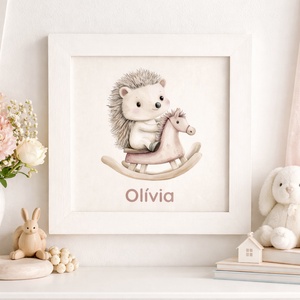 Süni hintalovon � névre szóló babaszoba falikép fehér keretben - Meska.hu