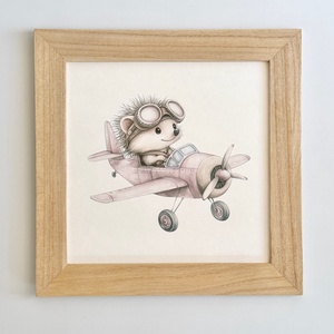 Repülős süni babaszoba falikép natúr fa keretben névvel 25x25 - baba - mama - babaszoba dekoráció - babaszoba kép - Meska.hu