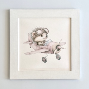 Repülős süni babaszoba falikép fehér keretben névvel 25x25 - baba - mama - babaszoba dekoráció - babaszoba kép - Meska.hu