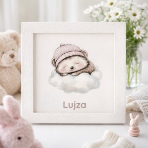 Felhőn alvó süni babaszoba falikép fehér képkeretben, névvel 25x25 - Meska.hu