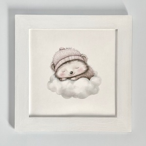 Felhőn alvó süni babaszoba falikép fehér képkeretben, névvel 25x25 - baba - mama - babaszoba dekoráció - babaszoba kép - Meska.hu