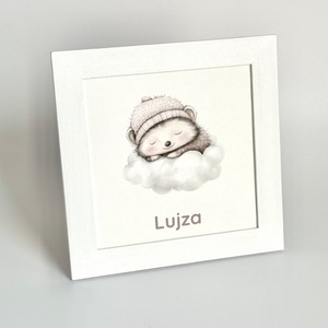 Felhőn alvó süni babaszoba falikép fehér képkeretben, névvel 25x25 - baba - mama - babaszoba dekoráció - babaszoba kép - Meska.hu
