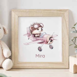 Repülős süni babaszoba falikép natúr fa keretben névvel 25x25 - Meska.hu