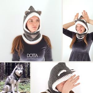 Husky füles sapka - állatos űrhajós rókasapka - gyapjús fonalból kötött - puha meleg téli sapi és sál egyben, Ruha & Divat, Sál, Sapka, Kendő, Sapka & Sál szett, Kötés, Horgolás, MESKA