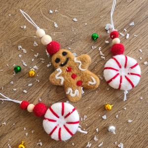 Nemezelt Mzeskalcs emberke s karcsonyi cukorka disz szett. Suti emberke, gingerbread men. Gyapju karcsonyfadisz , Karácsony, Karácsonyi lakásdekoráció, Karácsonyfadíszek, Nemezelés, MESKA