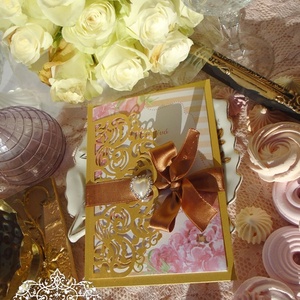 Esküvői meghívó arany színben rózsaszín rózsákkal - esküvő - meghívó & kártya - meghívó - Meska.hu