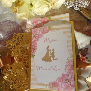 Esküvői meghívó arany színben rózsaszín rózsákkal, Esküvő, Meghívó & Kártya, Meghívó, Fotó, grafika, rajz, illusztráció, Meska