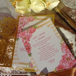 Esküvői meghívó arany színben rózsaszín rózsákkal - esküvő - meghívó & kártya - meghívó - Meska.hu