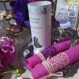 Esküvői menükártya henger pink lila virágos mintával - esküvő - meghívó & kártya - menü - Meska.hu