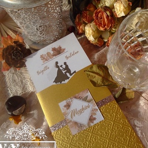 Arany esküvői meghívó dísztokban csillogó glitteres szalaggal romantikus grafikával, Esküvő, Meghívó & Kártya, Meghívó, Fotó, grafika, rajz, illusztráció, MESKA