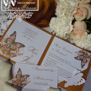 Csipkés esküvői meghívó pillangóval réz színben - esküvő - meghívó & kártya - meghívó - Meska.hu