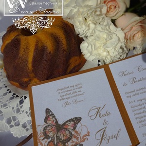 Csipkés esküvői meghívó pillangóval réz színben - esküvő - meghívó & kártya - meghívó - Meska.hu