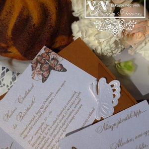 Csipkés esküvői meghívó pillangóval réz színben - esküvő - meghívó & kártya - meghívó - Meska.hu