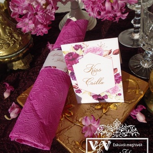 Esküvői ültetőkártya magenta rózsákkal geometriai mintával - esküvő - meghívó & kártya - ültetési rend - Meska.hu