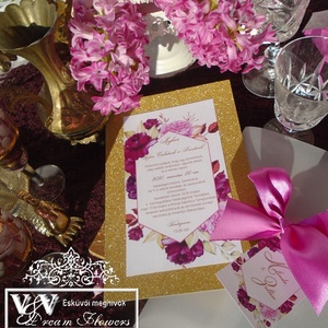 Esküvői meghvó ciklámen pink rózsákkal es arany csillámos háttérrel - Meska.hu