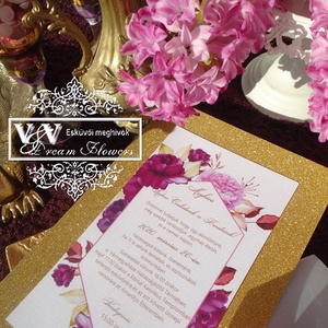 Esküvői meghvó ciklámen pink rózsákkal es arany csillámos háttérrel - esküvő - meghívó & kártya - meghívó - Meska.hu