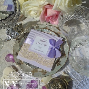 Csipkés esküvői meghívó csíkos lila grafikával és lila masnival nászajándék  ötlet kártyával - esküvő - meghívó & kártya - meghívó - Meska.hu