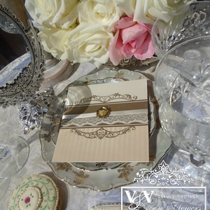 Csipkés esküvői meghívó barack barna és ekrü színben neobarokk stílusban - esküvő - meghívó & kártya - meghívó - Meska.hu