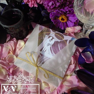 Egyszerű kártyás esküvői meghívó lila trópusi levelekkel és nászajándék ötlet kártyával - esküvő - meghívó & kártya - meghívó - Meska.hu