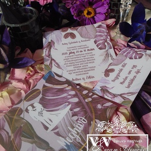 Egyszerű kártyás esküvői meghívó lila trópusi levelekkel és nászajándék ötlet kártyával - esküvő - meghívó & kártya - meghívó - Meska.hu