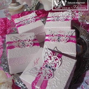 Dobozos esküvői meghívó pillangóval, pink csipkével és strasszokkal - esküvő - meghívó & kártya - meghívó - Meska.hu