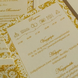 Esküvői meghívó arany színű mintával gyöngyös díszítéssel program tervezettel romantikus, Bridgerton stílusú esküvőre is - esküvő - meghívó & kártya - meghívó - Meska.hu