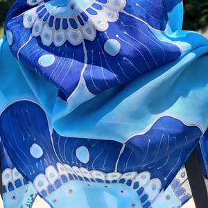 Kék indiai mintás kézzel festett  selyemkendő sál, Ruha & Divat, Sál, Sapka, Kendő, Kendő, Selyemfestés, MESKA