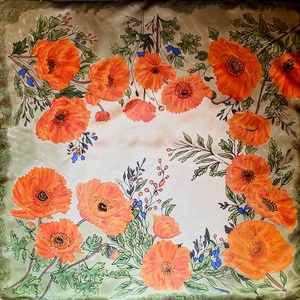 70x70cm Pipacsos őszi színekkel kézzel festett selyemkendő sál  - ruha & divat - sál, sapka, kendő - kendő - Meska.hu