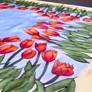 Tulipános mező kézzel festett selyemkendő sál - ruha & divat - sál, sapka, kendő - kendő - Meska.hu