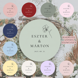 Esküvői névre szóló matrica � kör alakú, több színben � 4 cm / 6 cm � egyedi név és dátum - esküvő - emlék & ajándék - köszönőajándék - Meska.hu