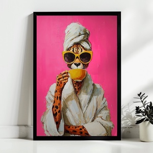 Törölközős gepárd poszter � pink, vicces kávézós falikép, 42�30 cm - Meska.hu