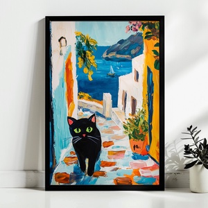 Fekete cica Santorinin poszter � nyaralós, mediterrán falikép, 42�30 cm - Meska.hu