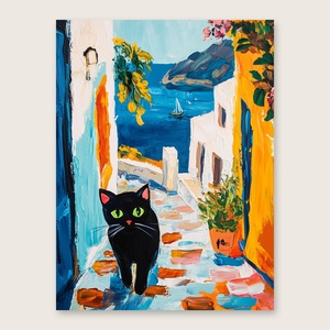 Fekete cica Santorinin poszter � nyaralós, mediterrán falikép, 42�30 cm - otthon & életmód - dekoráció - kép & falikép - poszter - Meska.hu