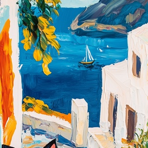 Fekete cica Santorinin poszter � nyaralós, mediterrán falikép, 42�30 cm - otthon & életmód - dekoráció - kép & falikép - poszter - Meska.hu