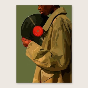 Vinyl Vibes poszter � nő bakelitlemezzel, retro zenei falikép, olívazöld, 42�30 cm - otthon & életmód - dekoráció - kép & falikép - poszter - Meska.hu