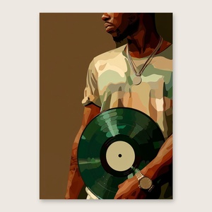 Vinyl Vibes poszter � férfi zöld bakelitlemezzel, retro zenei falikép, 42�30 cm - otthon & életmód - dekoráció - kép & falikép - poszter - Meska.hu