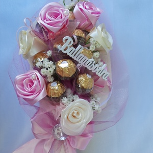 Rocher csokor,kézi készítésű szaténrózsákkal elegáns ,egyedi,különleges - otthon & életmód - dekoráció - Meska.hu