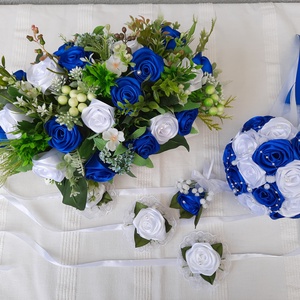Örökcsokor szett kék fehér színű, Esküvő, Menyasszonyi- és dobócsokor, Virágkötés, MESKA