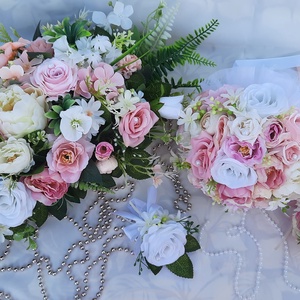 Rózsaszín,fehér,ekrü csokor, dobócsokor,asztaldísz, kitűző , Esküvő, Menyasszonyi- és dobócsokor, Virágkötés, MESKA