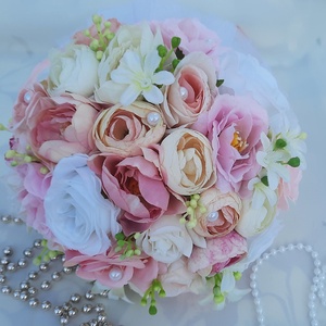 Örökcsokor selyemrózsákból rózsaszín, fehér, ekrü színű menyasszonyi  - esküvő - menyasszonyi- és dobócsokor - Meska.hu