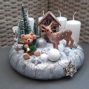 Macis,őzikés adventi koszorú ezüst,fehér színben , Karácsony, Adventi díszek, Adventi koszorú, Virágkötés, MESKA