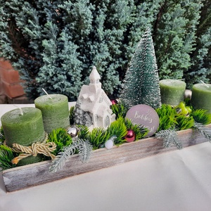 Adventi asztaldísz zöld,fehér, Karácsony, Adventi díszek, Adventi koszorú, Virágkötés, MESKA