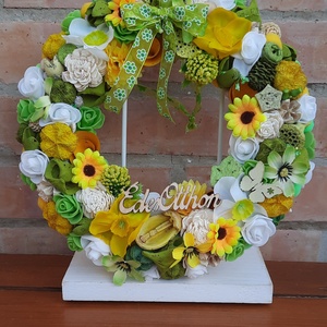 Ajtódísz sárga, fehér, zöld színű  29cm, Otthon & Életmód, Dekoráció, Ajtó- és ablak dekoráció, Ajtódísz & Kopogtató, Mindenmás, Virágkötés, MESKA