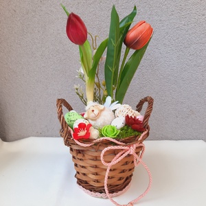 Tulipános húsvéti mini kosárkás asztaldísz , Otthon & Életmód, Dekoráció, Asztal és polc dekoráció, Asztaldísz, , MESKA