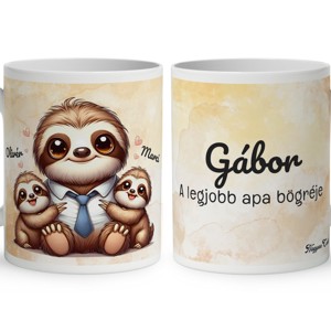 Névvel kérhető - Cuki lajhár Nyakkendős Apa és két gyerek mintás bögre, Otthon & Életmód, Konyhafelszerelés, tálalás, Tálalás, Bögre & Csésze, , MESKA