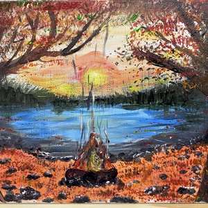 Őszi tájkép tábortűzzel, naplementében - művészet - festmény - akril - Meska.hu Őszi tájkép tábortűzzel, naplementében - művészet - festmény - akril - Meska.hu