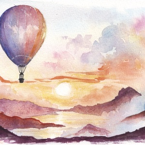 Felhők között - eredeti  akvarell illusztráció, nem print, 13x18 cm - léghajós őszi hangulat, Művészet, Festmény, Akvarell, Festészet, MESKA